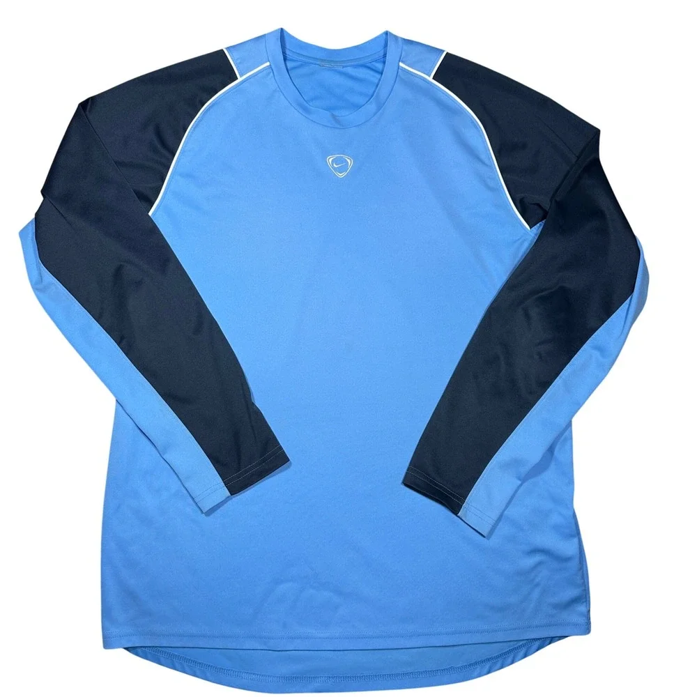 Y2K Nike Mens Long Sleeve Performance Shirt Blue Navy Colorblock Shield Logo XL